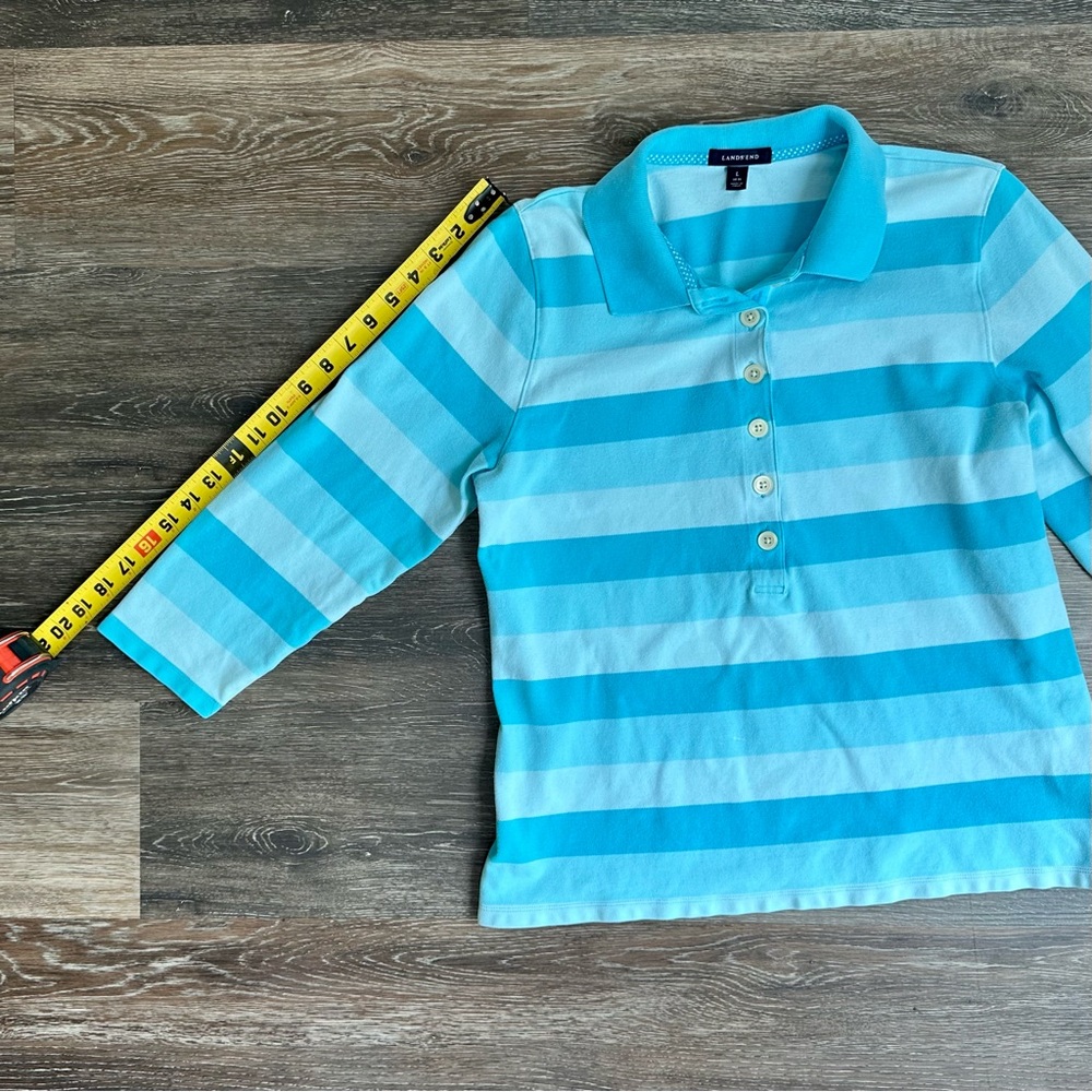 Lands' End Teal Blue Striped 3/4 Sleeve Polo Shirt - Women’s Size Large - Picture 3 of 7